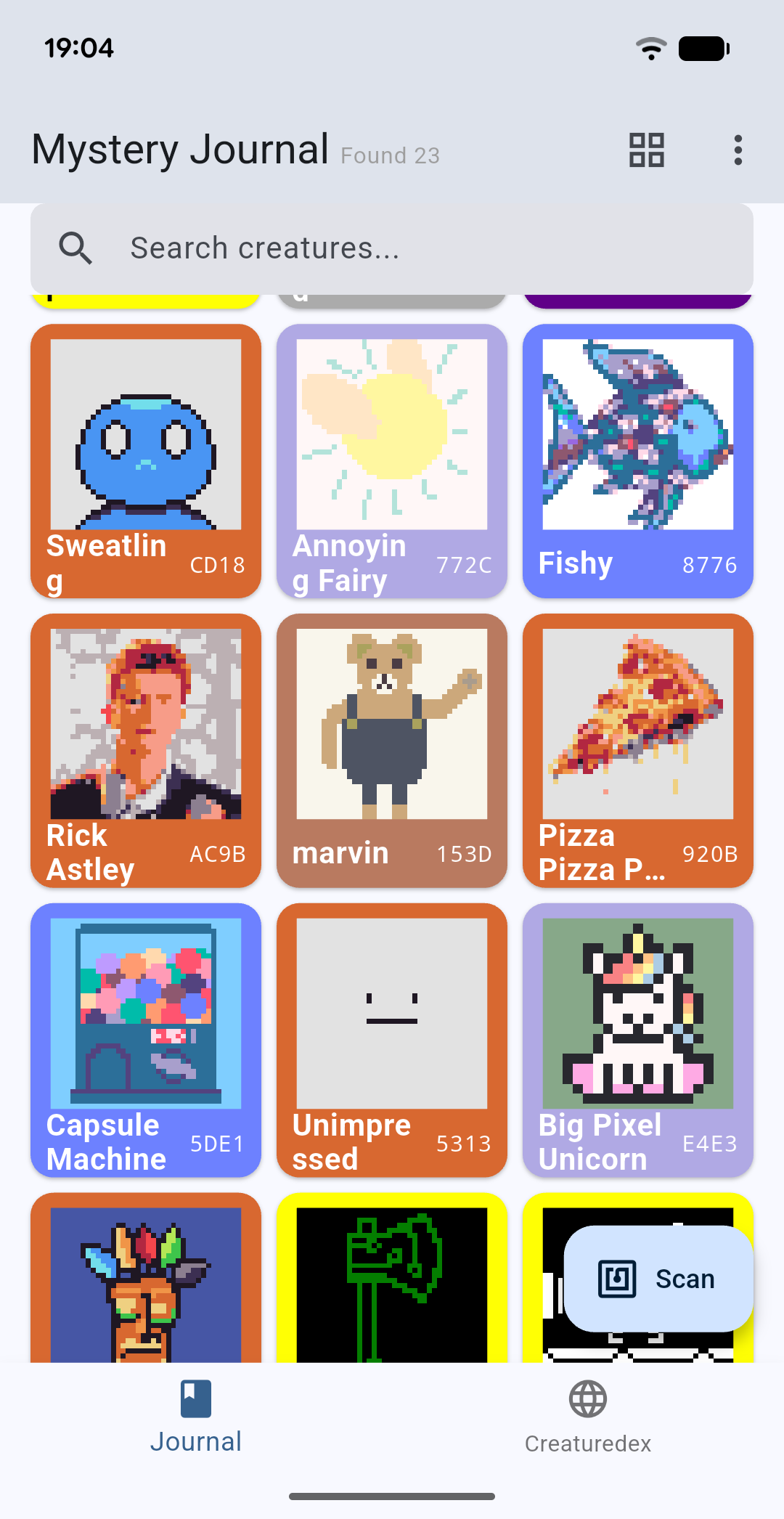 Screenshot of Mystery Journal App with several different creatures