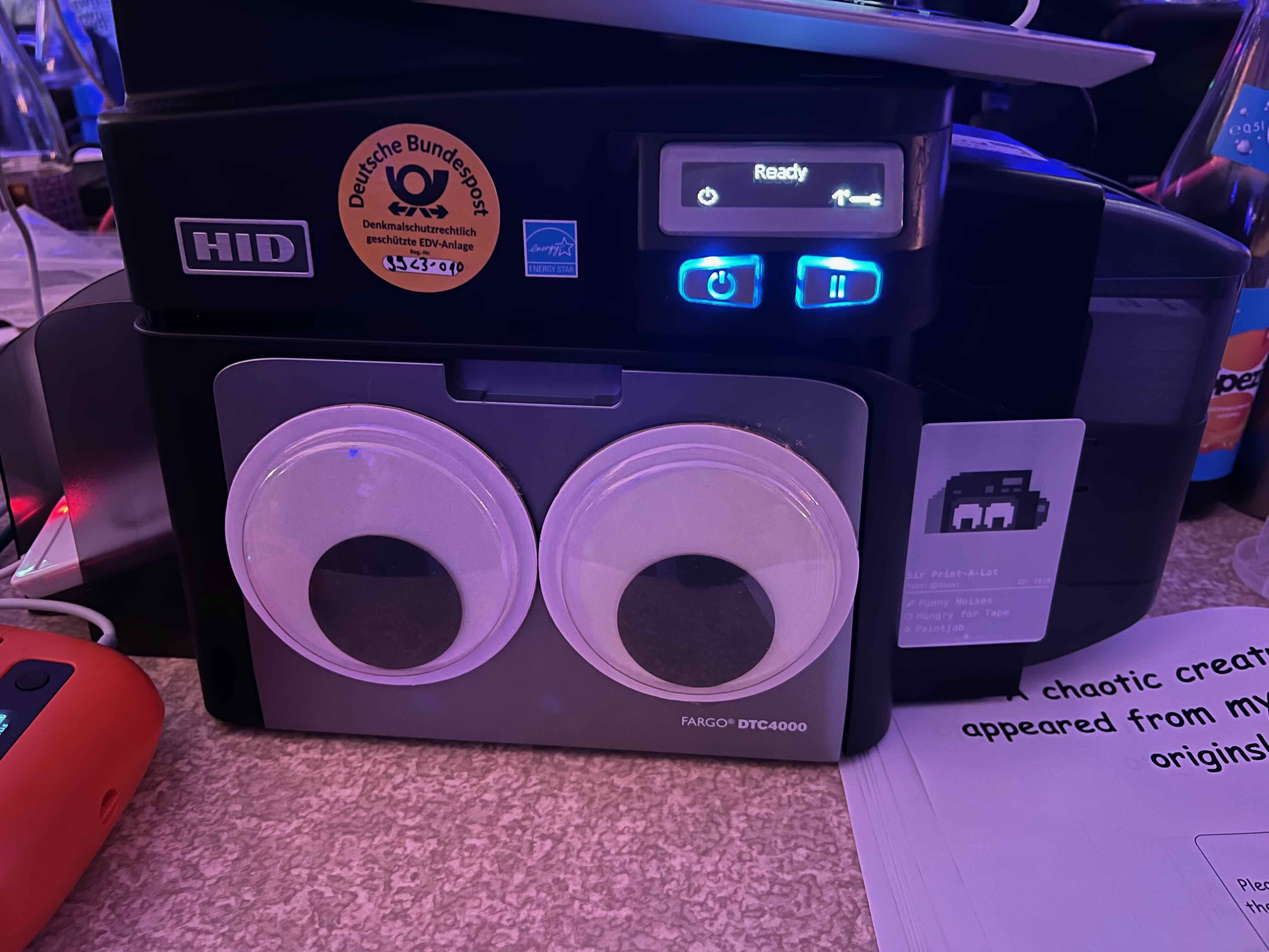 Sir-Print-A-Lot card printer with googly eyes and matching creature card